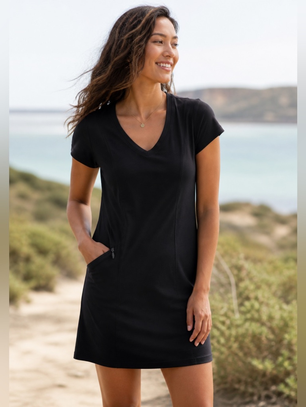 TOAD&CO Women’s Black V-Neck Short Sleeve Active Dress Zip Pocket Sz Small